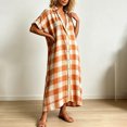 thumbnail image 2 of Morttic Women's Lapel Collar Short Sleeve Plaid Shirt Loose Button Front Long Dress Summer Beach Vacation Casual Outfit Orange，L, 2 of 6