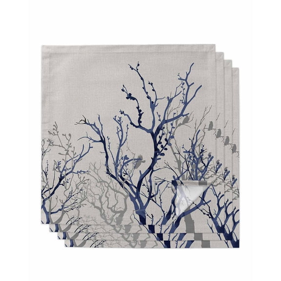 Blue Tree Cloth Napkins Set of 4 Reusable Dinner Napkins, Retro Farmhouse Botanical Branches Bird Cocktail Napkin Washable Table Napkins for Wedding/Holiday Party/Baby Shower 20"x20"