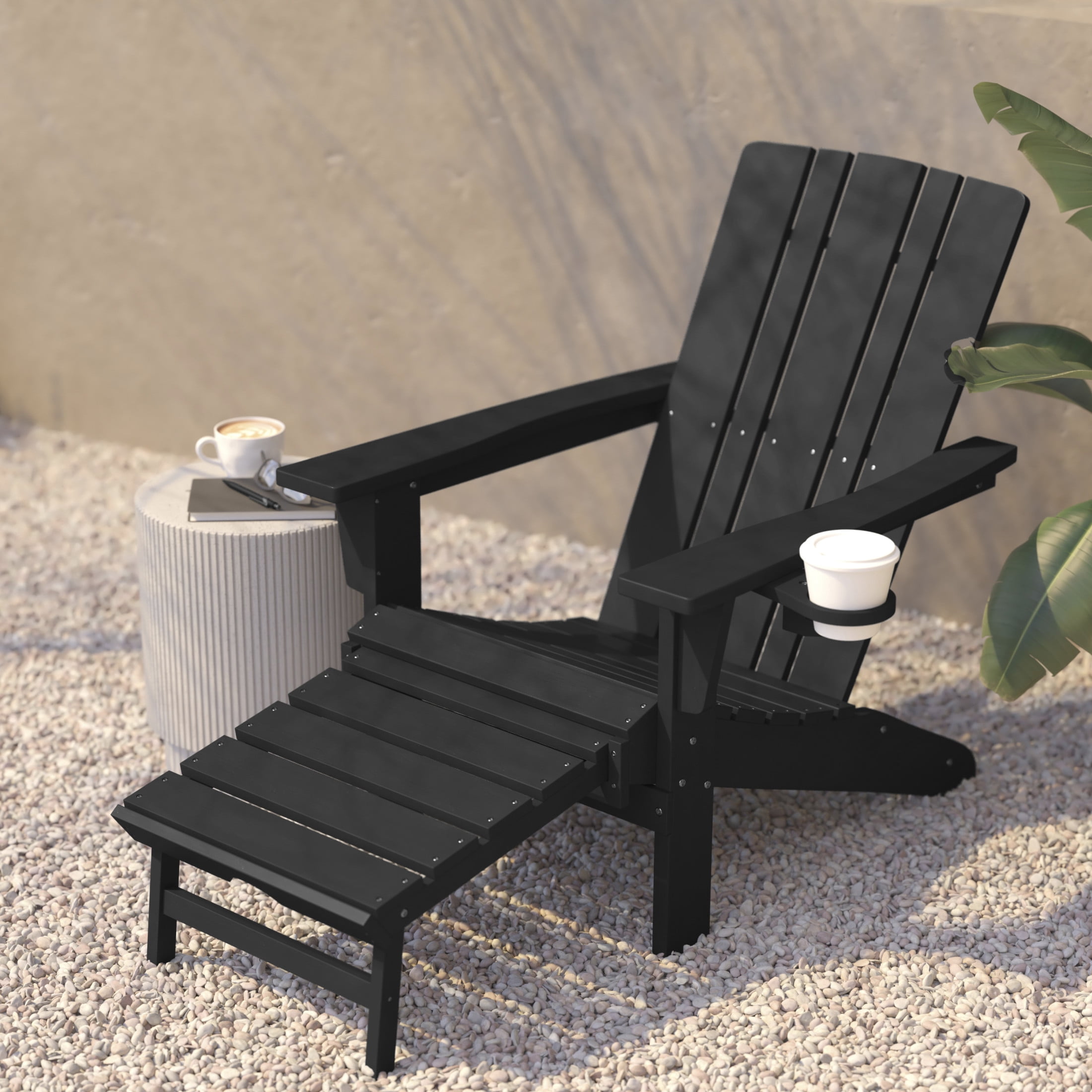 Flash Furniture Halifax HDPE Adirondack Chair with Cup Holder and Pull Out Ottoman, All-Weather HDPE Indoor/Outdoor Lounge Chair in Black
