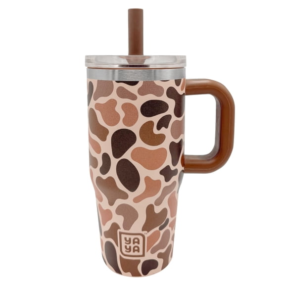 YAYA My First Travel Tumbler for Preschool & Kids 3 , Insulated Stainless Steel Tumbler with Reusable Silicone Straw & Spill-Proof Lid, Cup Holder Compatible, BPA-Free, 12oz, Brown Camo