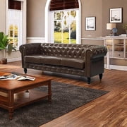 Chesterfield 3-Seater Faux Leather Button Tufted Sofa Couch with Rolled Arms Solid Wood Legs