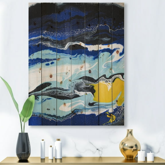 Designart 'Abstract Composition In Blue and Yellow VIII' Modern Print on Natural Pine Wood