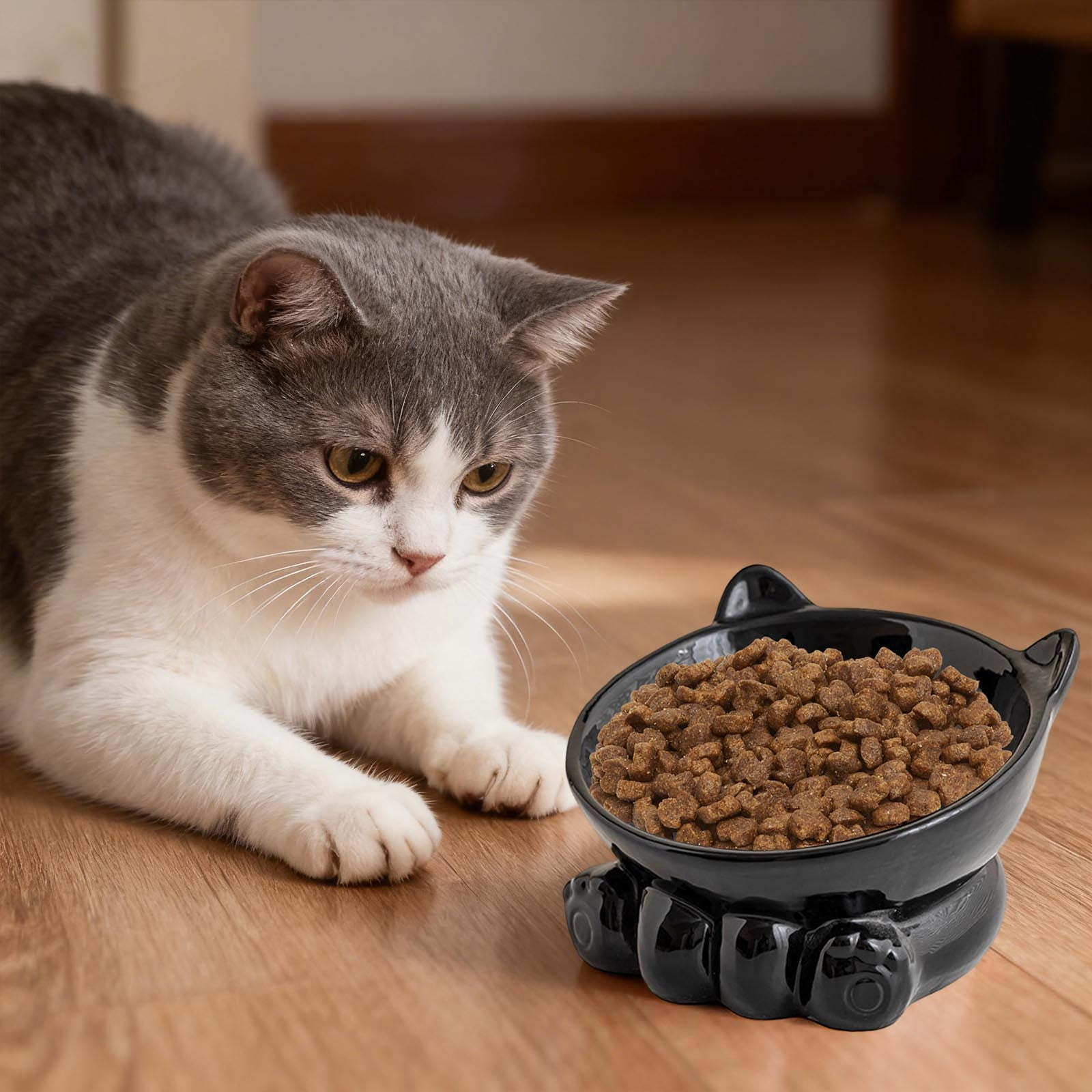 Cute Anti-Choke Cat Bowl with Cervical Spine Protection, Non-Spill and Non-Tip Design, Prevents Black Chin, Ceramic Material