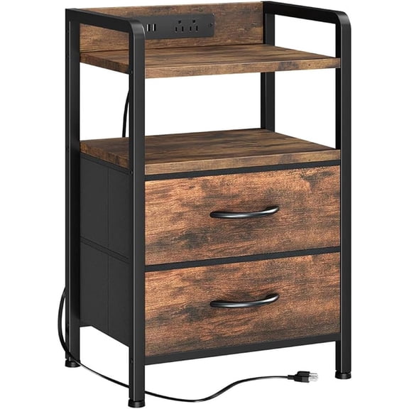LED Nightstand with Charging Station, Bedside Table with Storage Shelf and 2 Fabric Drawers, Smart LED Light Strip, Modern End Table for Bedroom, Natural