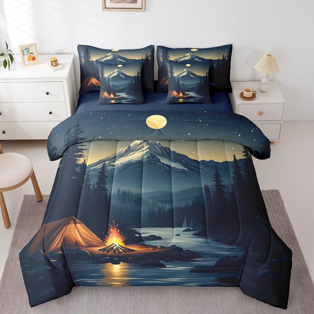Erosebridal Camping Adventure Bedding Full Size, Nature Mountain Tree Moon Print Comforter Sets with Sheets, Reversible 7 Pieces