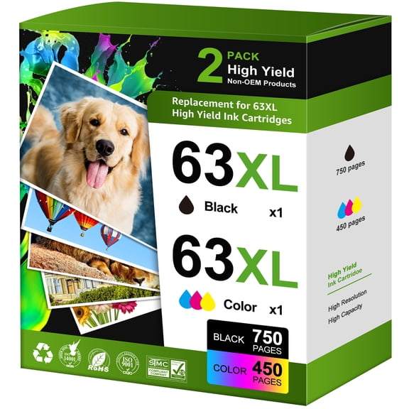 63XL Ink Cartridges  Combo Pack Compatible for 63 ink cartridges for Officejet 3830 4650 5200 5255 Envy 4520 4512 Deskjet 1112 3630 Printer ( 2-Pack)
