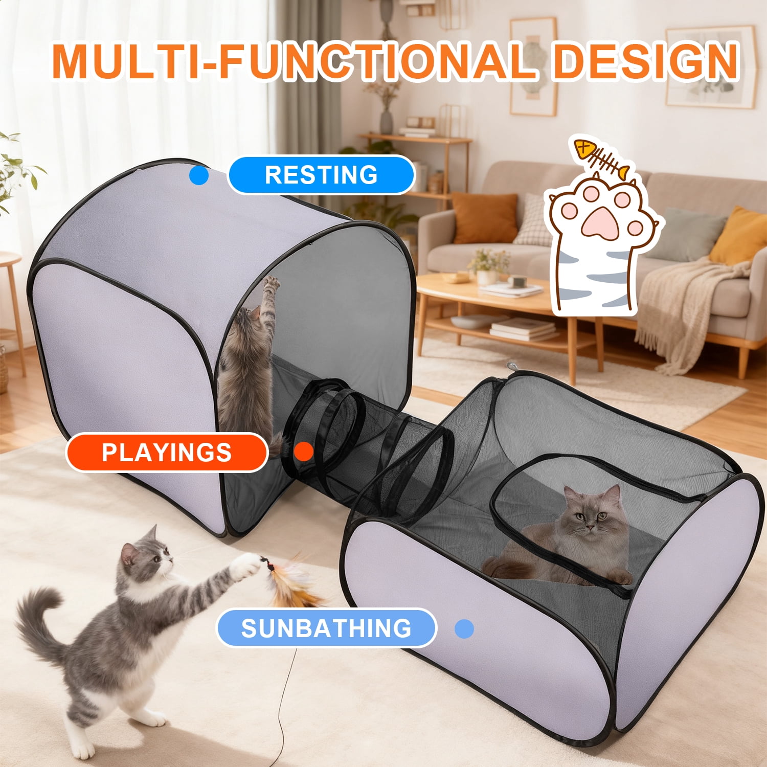 Portable Collapsible Small Pet Playpen - Breathable Mesh Fence with Attached Tunnel, Indoor Outdoor Soft-Edge Tent + Storage Bag