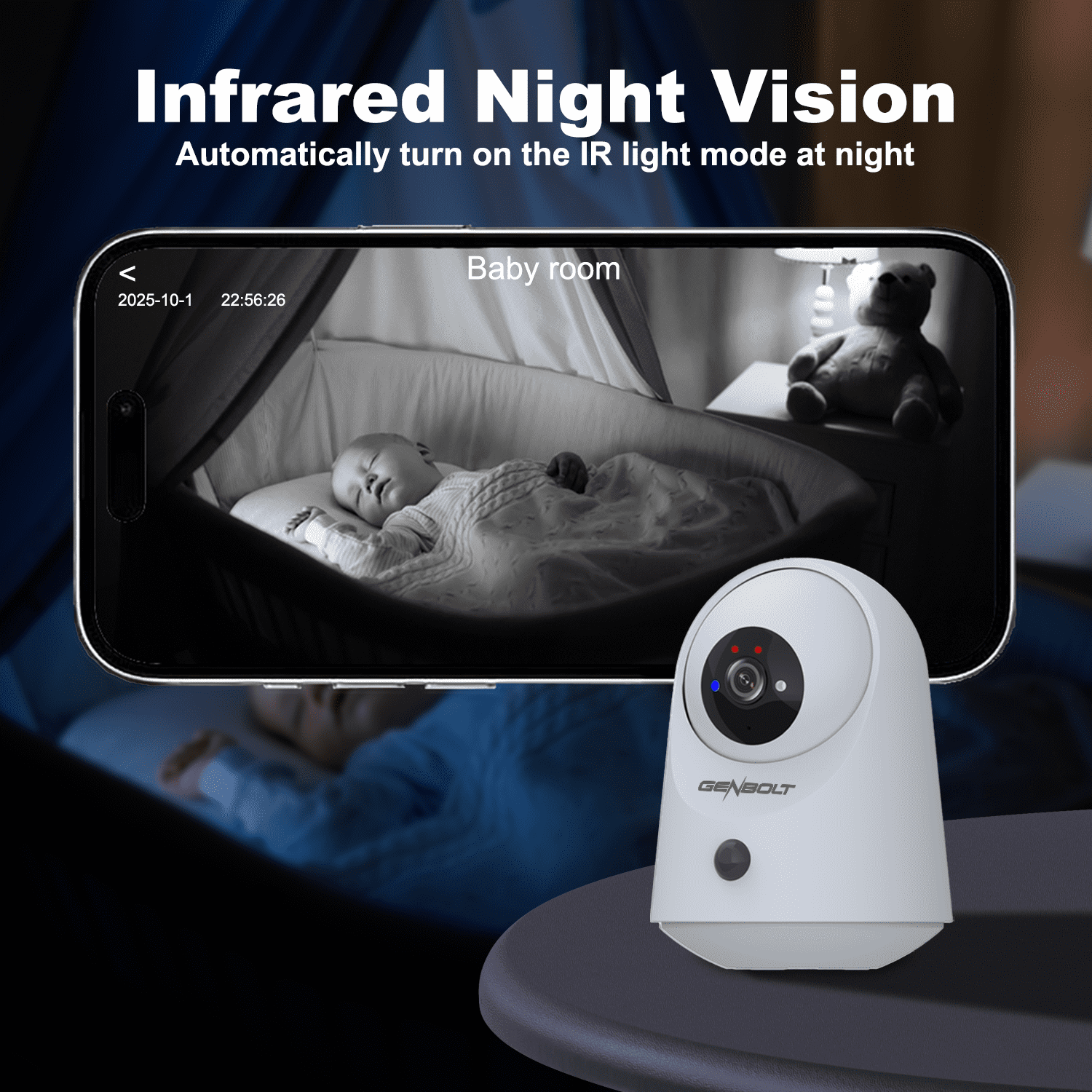 GENBOLT 2K WiFi Indoor House Security Camera Wireless, Pan Tilt Pet Camera with 5000mAh Battery Powered, IP Camera CCTV Nanny Dog Cam Baby Monitor with PIR Detection