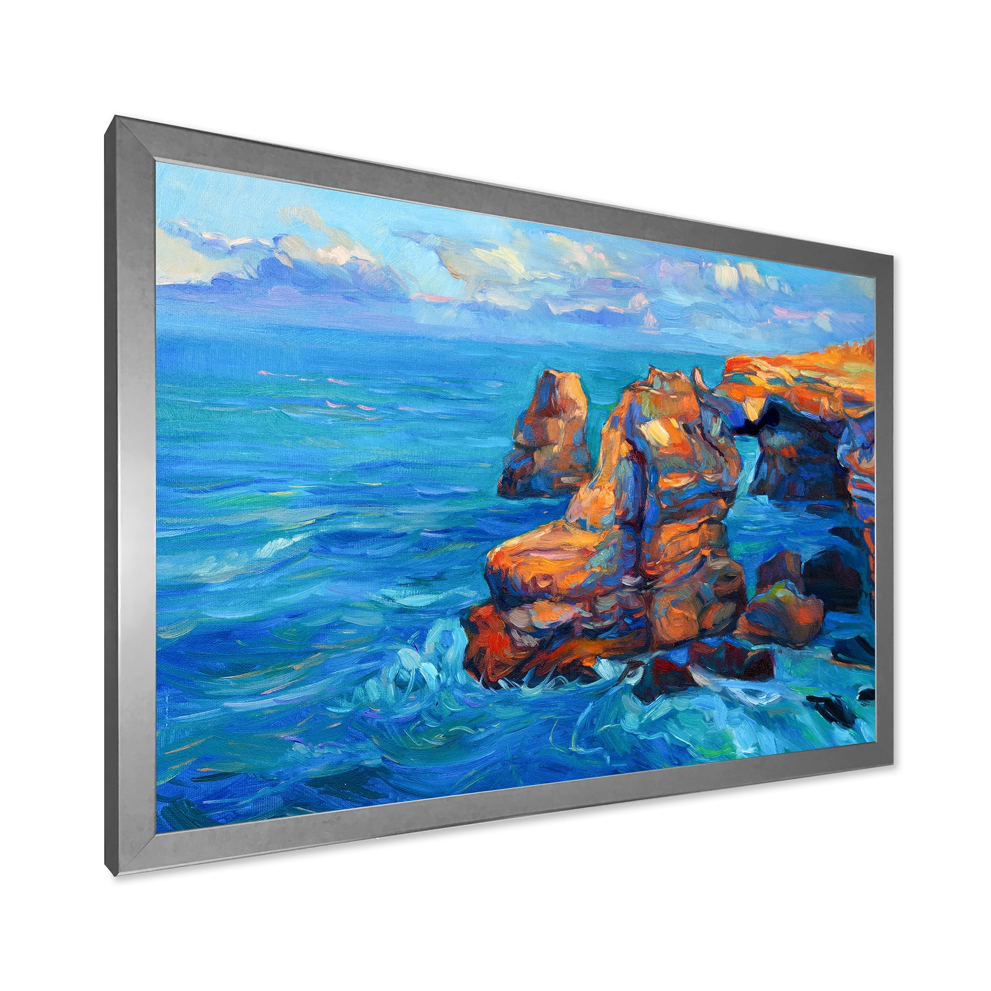 Designart 'The Blue Ocean By Rocky Cliffs' Nautical & Coastal Framed Art Print