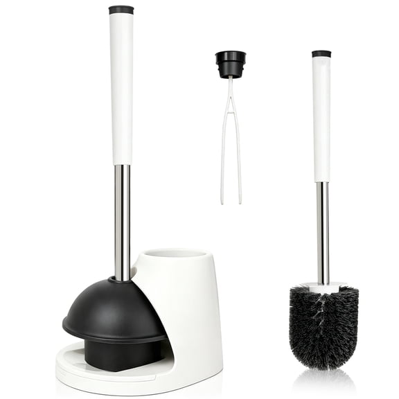 ZenClean Toilet Brush and Plunger Combo Set with Holder and Hidden Tweezers (White)