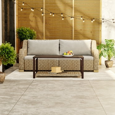 Bifanuo 3-Piece Outdoor Patio Set,  Wicker Loveseat with Grey Cushions & Coffee Table, Natural Weave Design