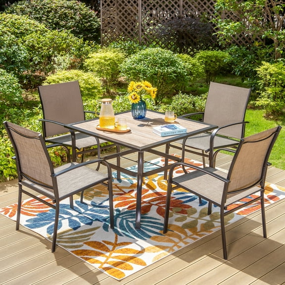 5-Piece Outdoor Patio Dining Set with 4 Textilene Chairs & 1 Wood Grain Table, Black & Gray-brown