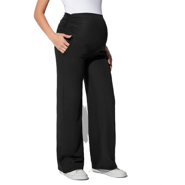 Maternity Pants Casual Plain Wide Leg Black L