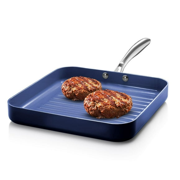GraniteStone Blue Nonstick 10.5” Grilling Pan, Diamond Infused, Metal Utensil Sear Ridges for Grease Draining, Stay Cool Stainless-Steel Handle Oven & Dishwasher Safe, 100% PFOA Free