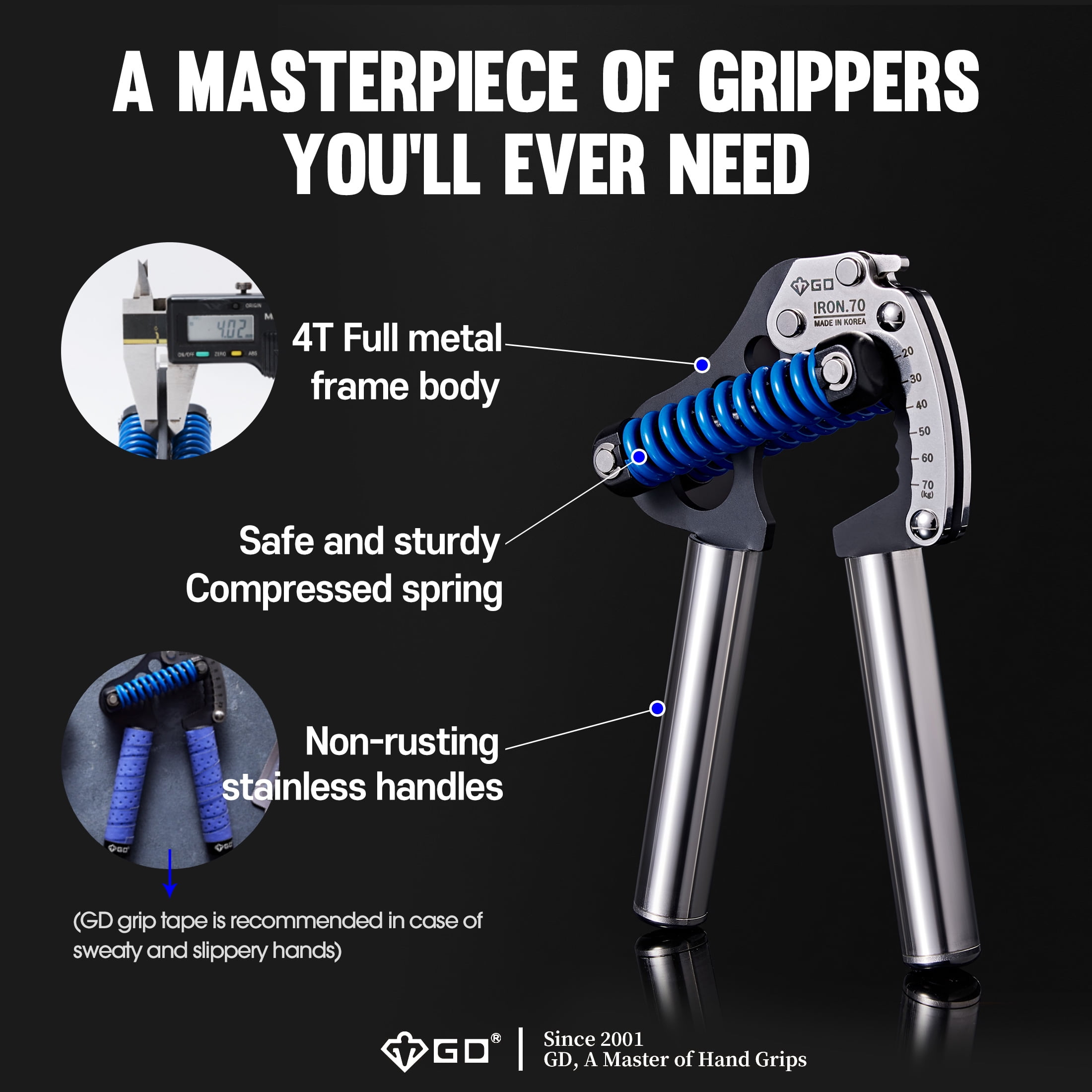 GD IRON GRIP 70(S) Adjustable Hand Grip Strengthener, 44~154lbs Grip Strength Trainer Premium Forearm Strengthener Hand Gripper for Grip Strength