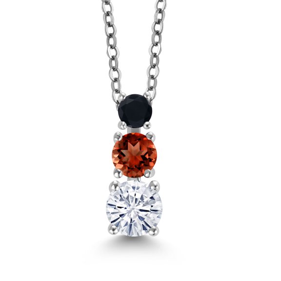 Gem Stone King White Moissanite Red Garnet Black Onyx 3 Stone Pendant Necklace for Women (0.97 cttw, Gemstone Birthstone, Round 5MM, 4MM and 3MM, with 18 inch Chain)