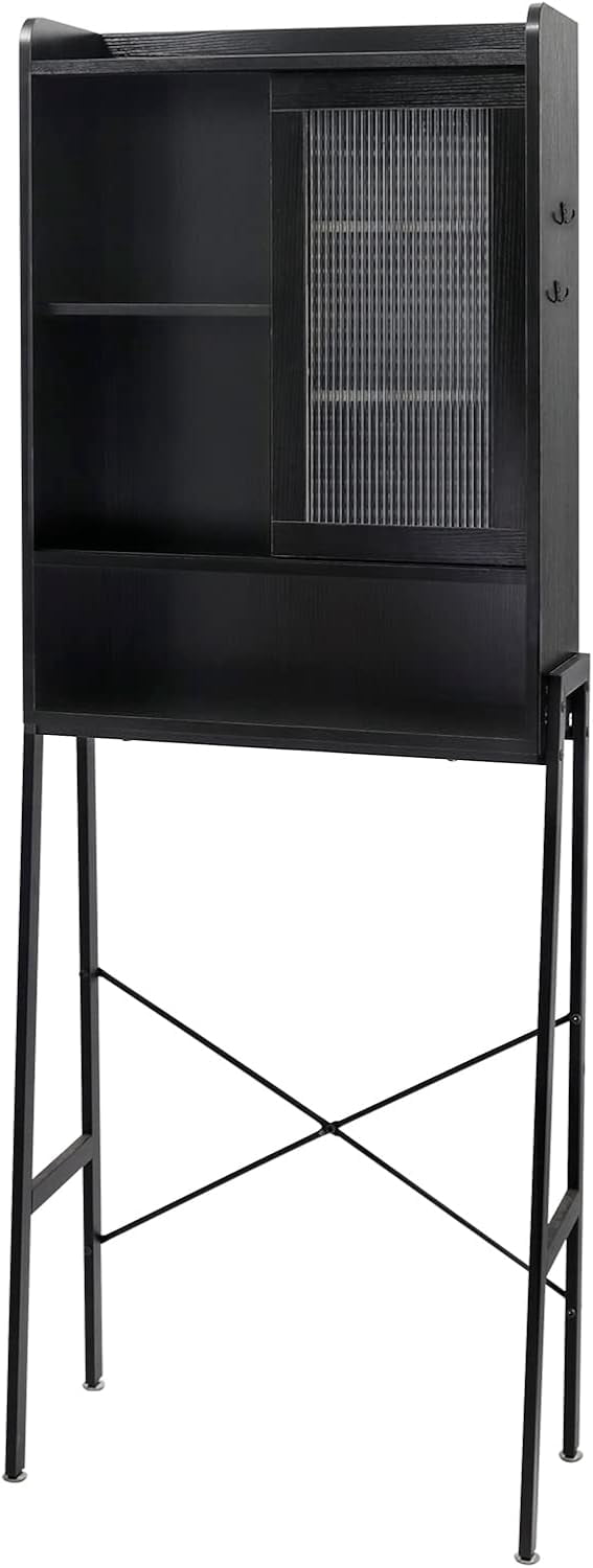 Reliancer Over The Toilet Storage Cabinet with Adjustable Shelves, Bathroom Space Saver Organizer Shelves, Freestanding Space Saver with Acrylic Sliding Door, Metal Frame, Black