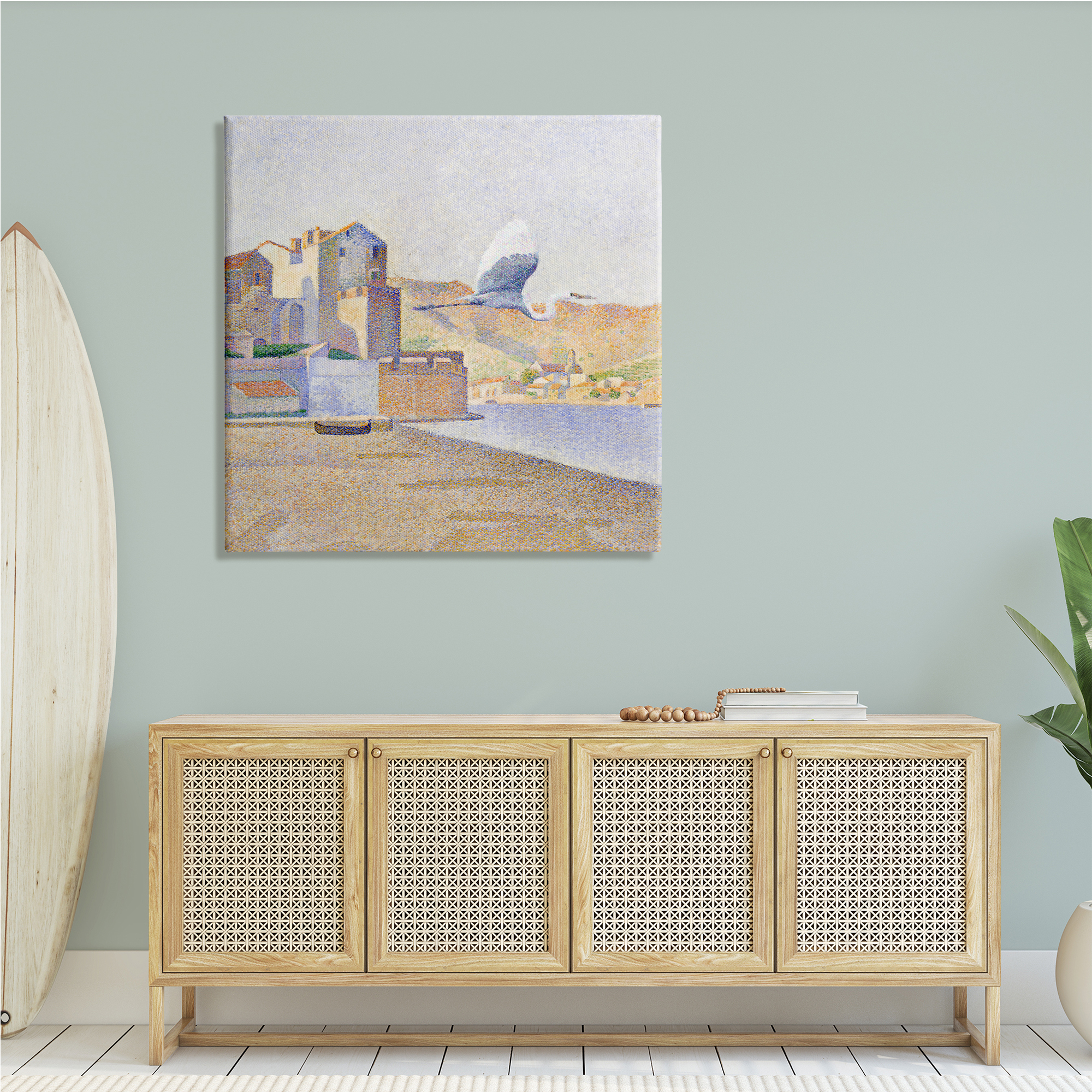 Stupell Industries Flying Crane Bird European Coastal Seaport Pointillism Painting, 36 x 36, Design by Steve Hunziker