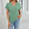 thumbnail image 2 of Htigea Womens Summer V Neck T Shirts Casual Roll Short Sleeve Tops Loose Fit Basic Tee with Pocket Fall Savings Green,S, 2 of 6