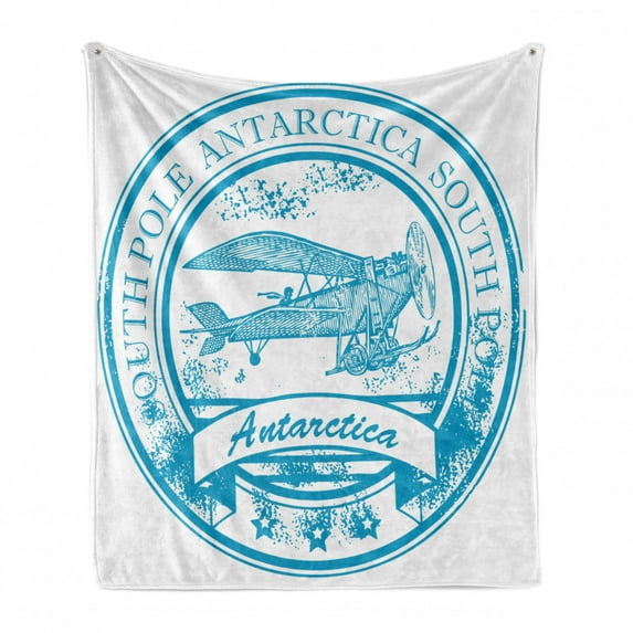 Vintage Airplane Soft Flannel Fleece Blanket, South Pole Antarctica Words on Retro Style Blue Stamp Grunge Airplane, Cozy Plush for Indoor and Outdoor Use, 50" x 60", Sky Blue White, by Ambesonne