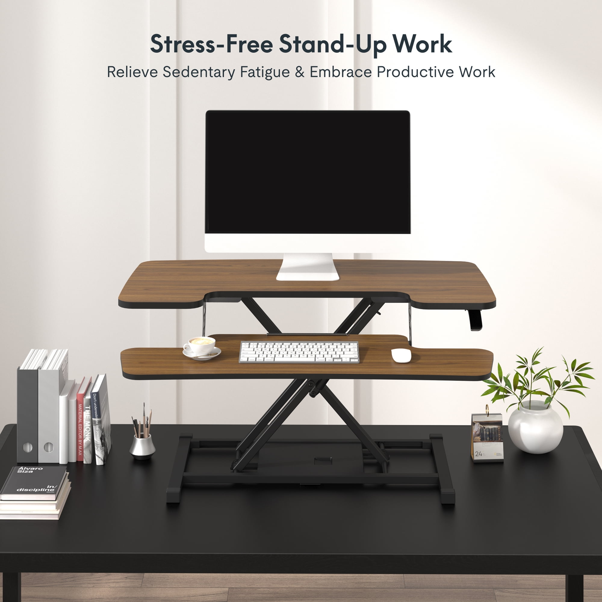 FitStand Home Office Height Adjustable Standing Desk Converter Walnut 35" U-Shape with Keyboard Tray