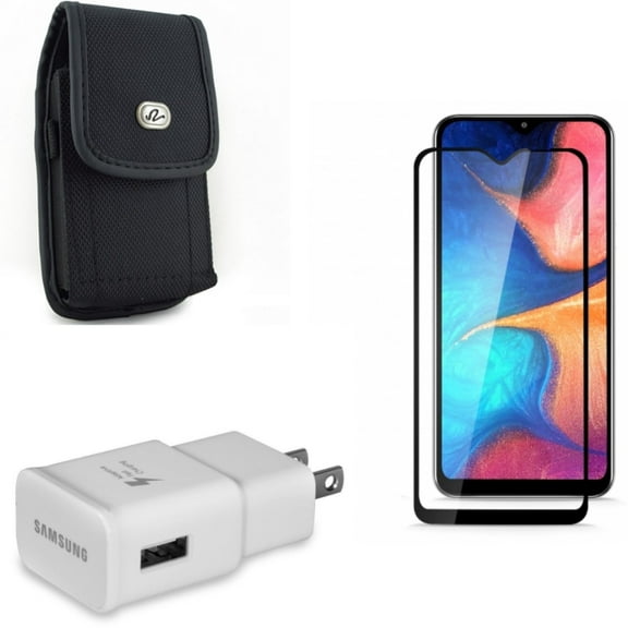 Screen Protector w Case Belt Clip w OEM Home Charger for Samsung Galaxy A50/A20 - Anti-Glare Tempered Glass Matte Anti-Fingerprint, Rugged Holster Canvas Cover, Adaptive Fast USB Power Adapter