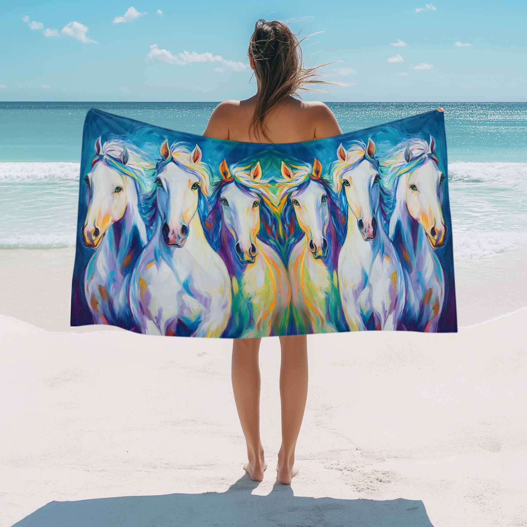 Watercolor Horse Pattern Beach Towels Blanket Soft&Absorbent Quick Dry Microfiber White Blue Turquoise Green Pool Towels for Swimming ,Yoga, Sports, Gym, Camping,Large 30X60in,