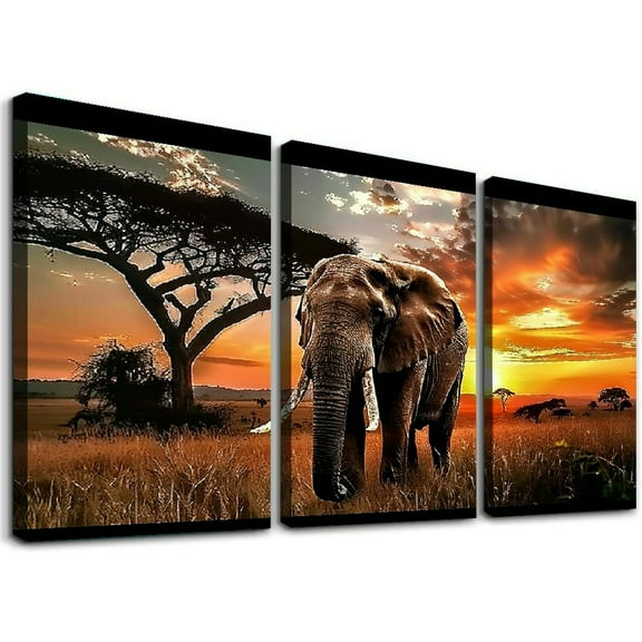 Ullo0ord Canvas Wall Art Elephant Picture African Wild Animals Artwork Painting Print for Living Room Bedroom Kitchen Home and Office Wall Decor
