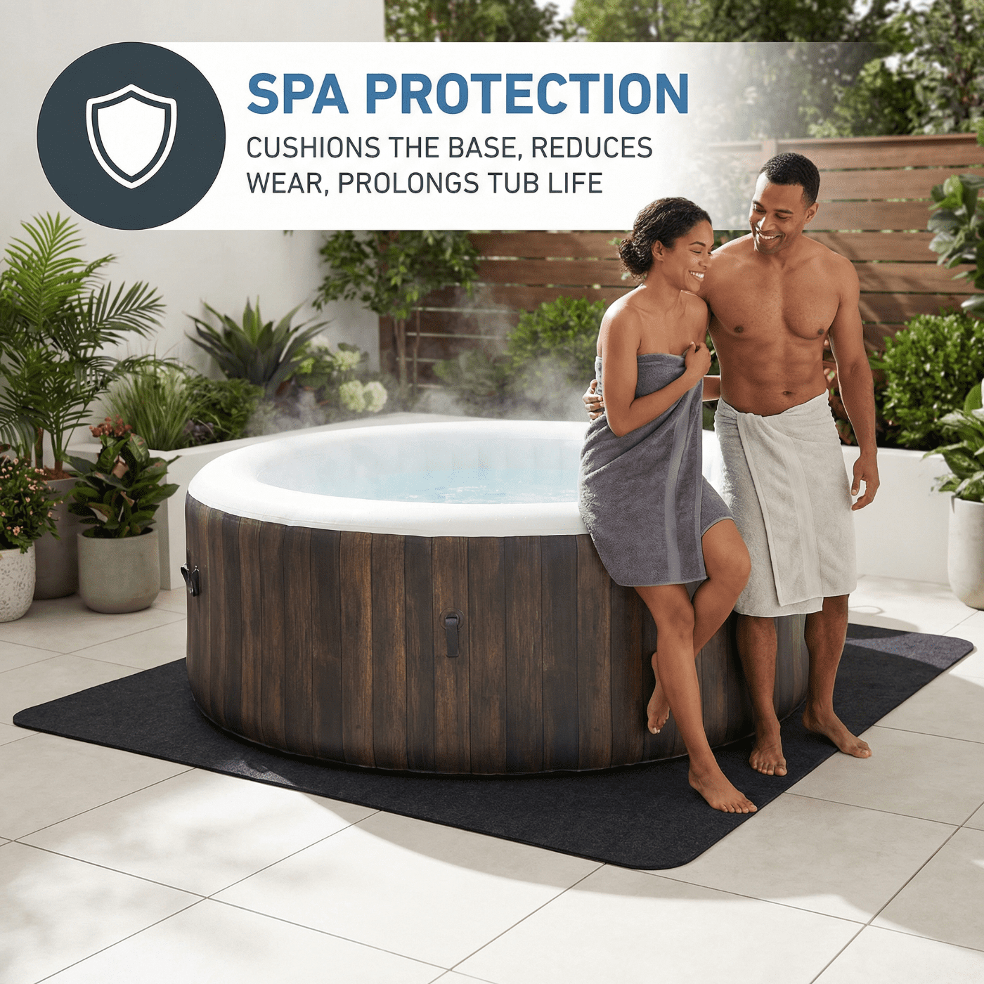 Bibana 80x80 Inch Hot Tub Mat for Inflatable Spas, Trim-to-Size Protector Pad with Slip-Proof Backing, Washable for Indoor Outdoor Use