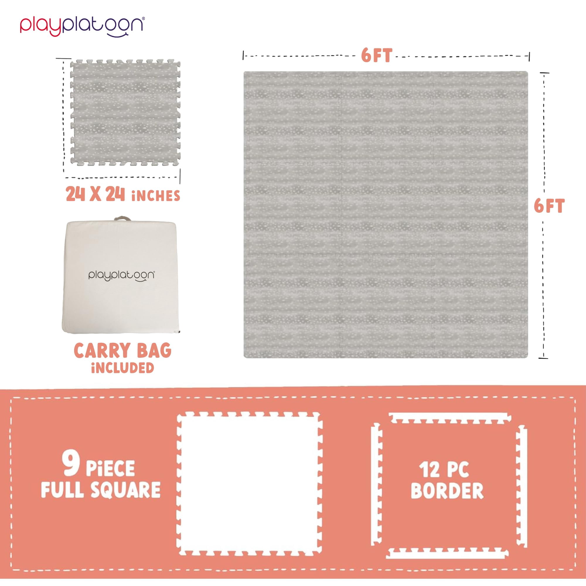 Play Platoon Large Kids Mats for Floors, 9 Tile 72 x 72 inch, Non-Toxic with Extra-Thick Interlocking Tiles, 24 x 24 in. Puzzle Mat Pieces with Border, Neutral Playmat Rug for Toddlers & Children