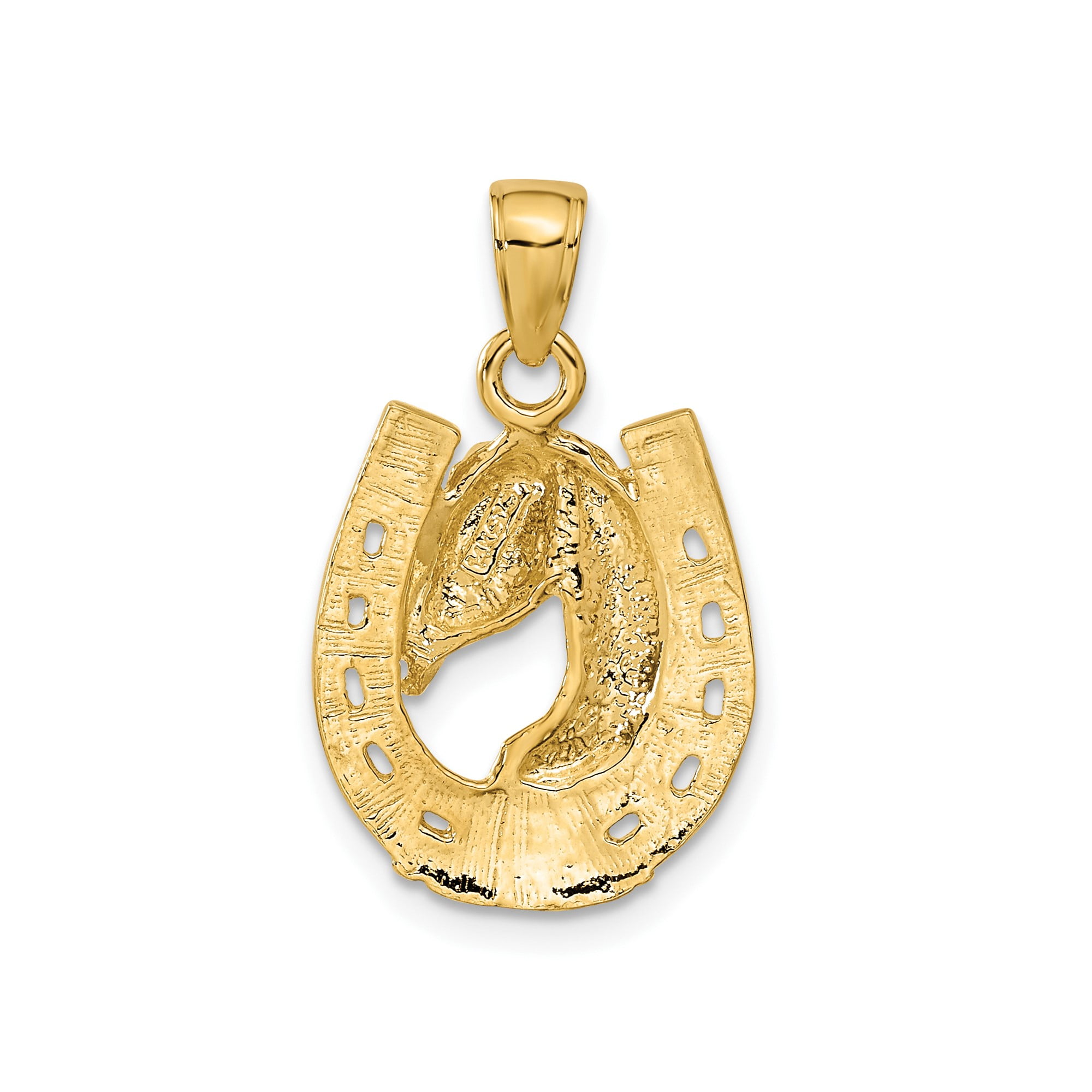 14k Yellow Gold Horse Head Pendant with Horseshoe Symbol for Strength and Protection, Western Style Equestrian Necklace for Men and Women, Country Cowboy Jewelry Charm