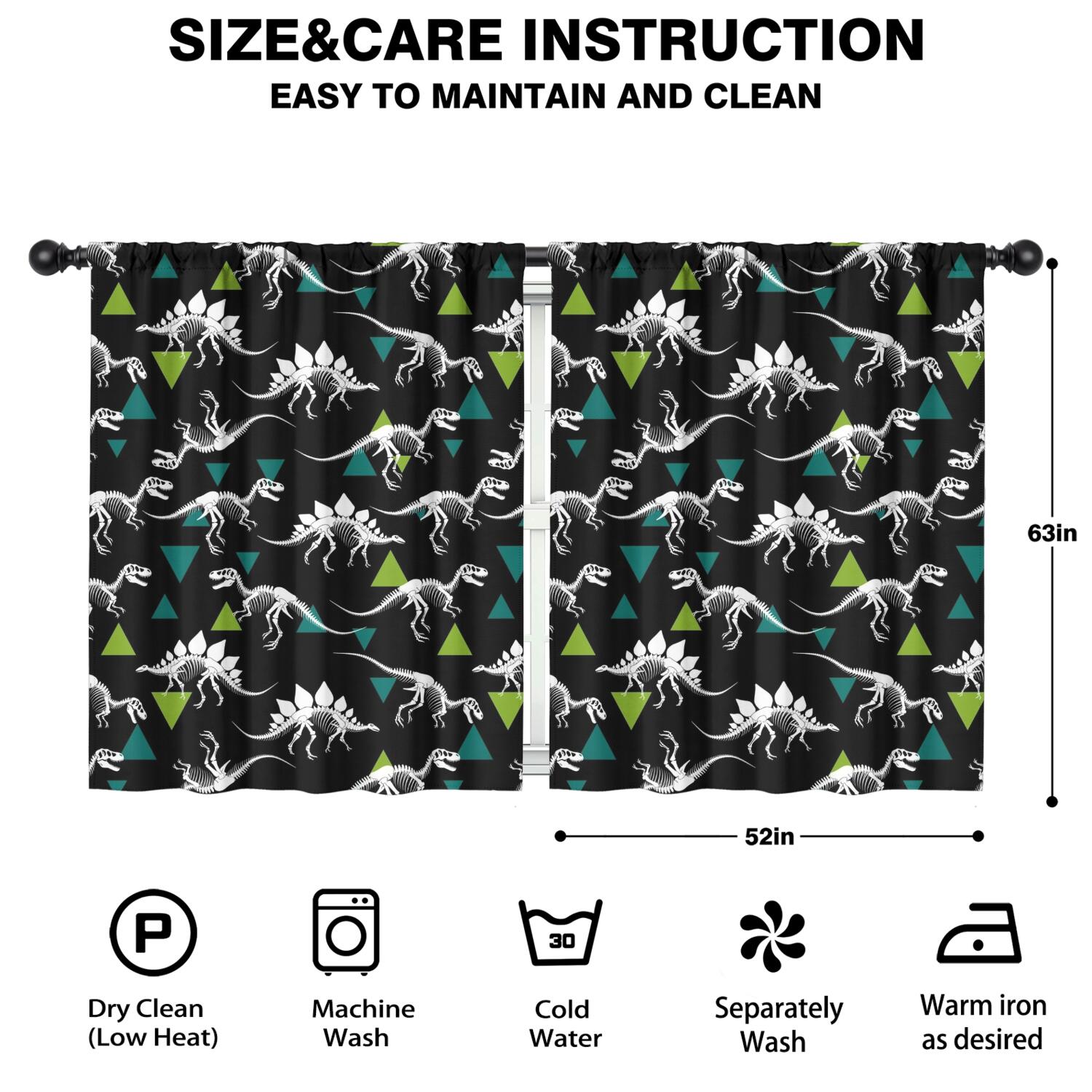 Blackout Kids Curtains,Black Cartoon Dinosaurs Skeletons Triangles Pattern Childrens Insulated Curtains Set Of 2,Bedroom Essentials,Toddler Room Decor 52"x63"
