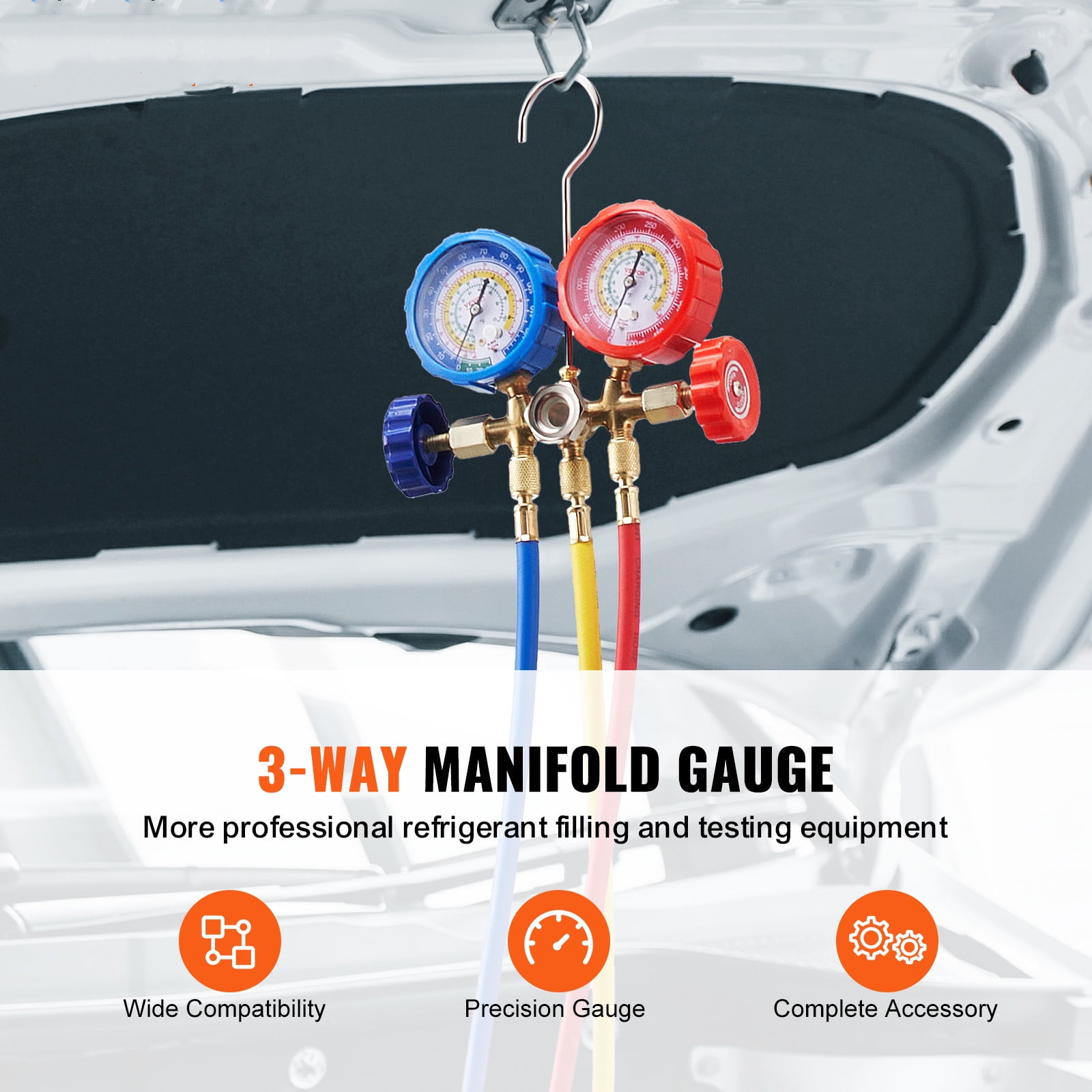VEVOR AC Gauge Set - 3 Way AC Manifold Gauge Set for R134A R22 R12 R502 Refrigerant, Freon Gauges with 5ft Hoses, Couplers, Can Tap Works on Car Auto Freon Charging and Evacuation