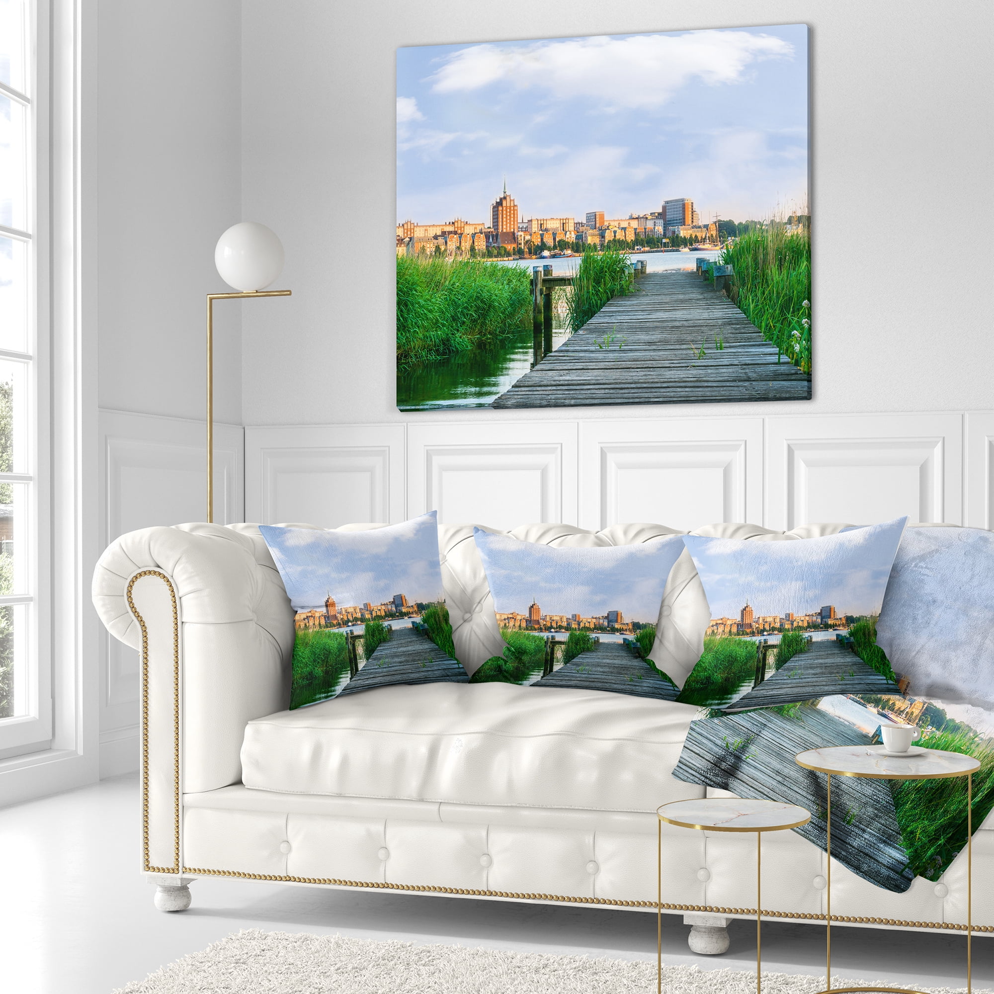 Designart Wooden Bridge to River Warnow - Landscape Printed Throw Pillow - 18x18