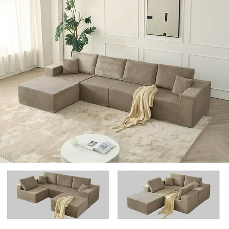 138" 4 Seater Corduroy Sectional Sofa with Chaise, L-Shaped Modular Couch for Living Room, No Assembly,Brown