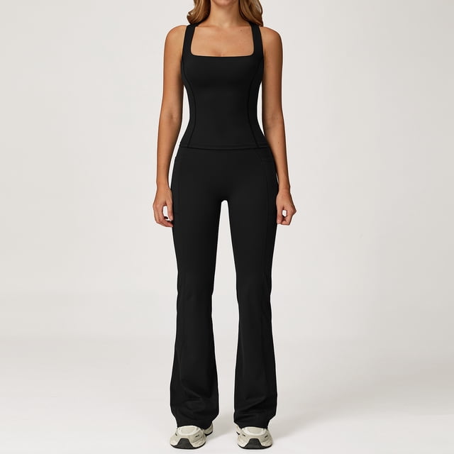 PISONIC Women Two Piece Workout Sets Racerback Tank Tops Matching High Waisted Flared Leggings with Pockets Gym Yoga Outfits