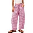thumbnail image 2 of Hurxie Womens Wide Leg Gingham Pants Cotton Plaid High Waisted Casual Lounge Trousers with Pockets Pink,S, 2 of 7
