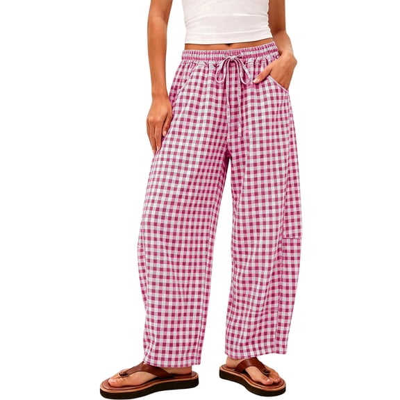 hoksml Women's Gingham Wide Leg Pants Drawstring Elastic Waist Plaid Lounge Trousers with Pockets for Lounge Daily Casual Wear