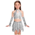 thumbnail image 4 of SiiRoh Girls 3Pcs Hip Hop Street Dance Outfits Cross Keyhole Sequins Metallic Crop Top+Skirt+Gloves Disco Dancewear Silver 12, 4 of 6