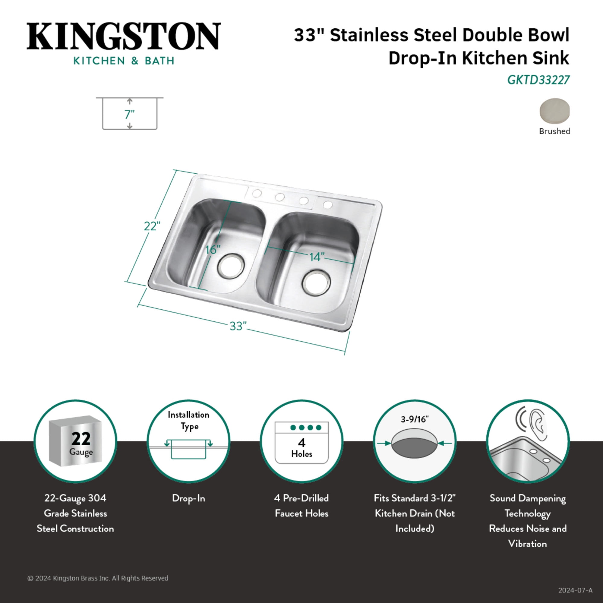 Gourmetier GKTD33227 Studio 33" Stainless Steel Self-Rimming Double Bowl Drop-In Kitchen Sink, Brushed