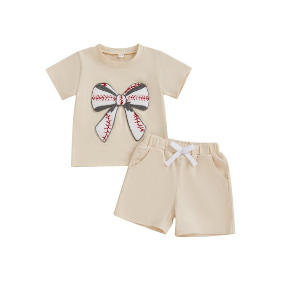 Toddler Baby Girls Summer Outfit 6 12 18 24 Months 2T 3T 4T Rugby Bow Embroidery T-Shirt and Elastic Shorts Set Cute 2 Piece Clothes