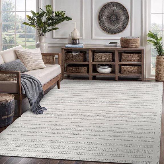 CAMILSON Micro Loop High-Low Pile Stain Resistant Indoor Area Rugs Striped-White 9x12