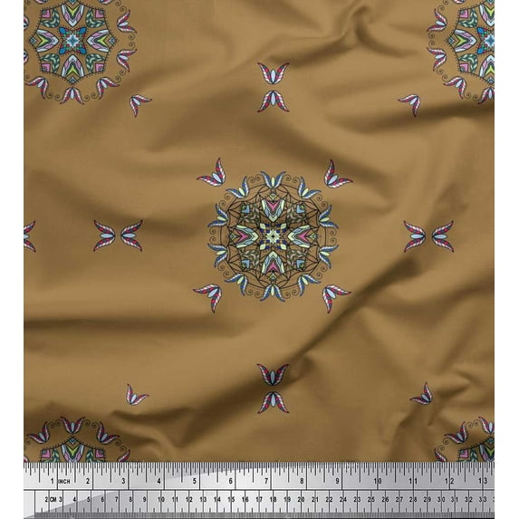 Soimoi Poly Georgette Fabric Leaves & Mandala Decorative Printed Fabric 1 Yard 42 Inch Wide