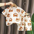 thumbnail image 2 of NOLDARES Toddler Kid Boy Summer Clothes 2pcs Dinosaur Truck Round Neck Short Sleeve Top Shirt Cartoon Graphic Casual Drawstring Shorts Outfits(Khaki,5-6 Y), 2 of 4