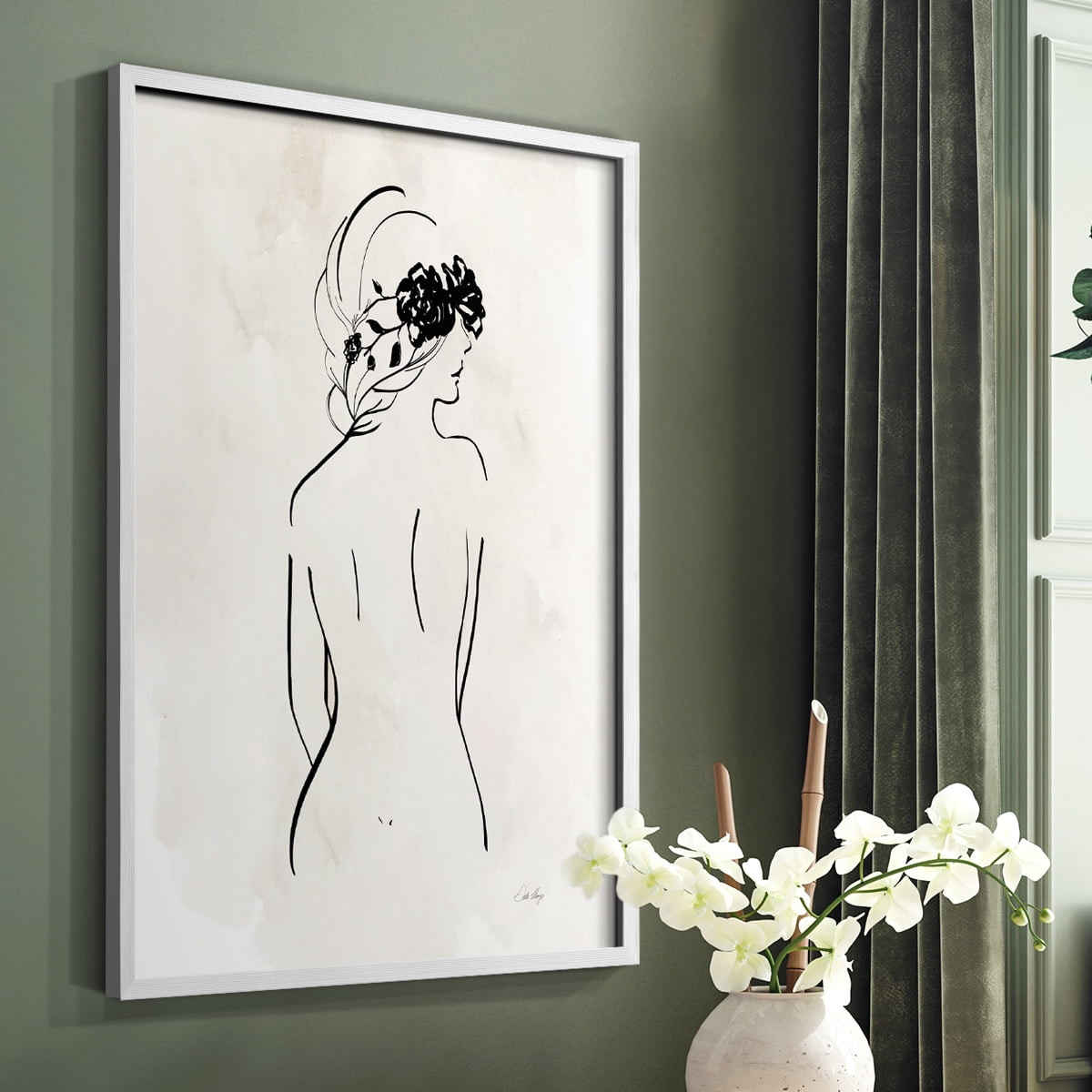 Romantic Line Art I in White Solid Wood 11 x 14 Framed Print