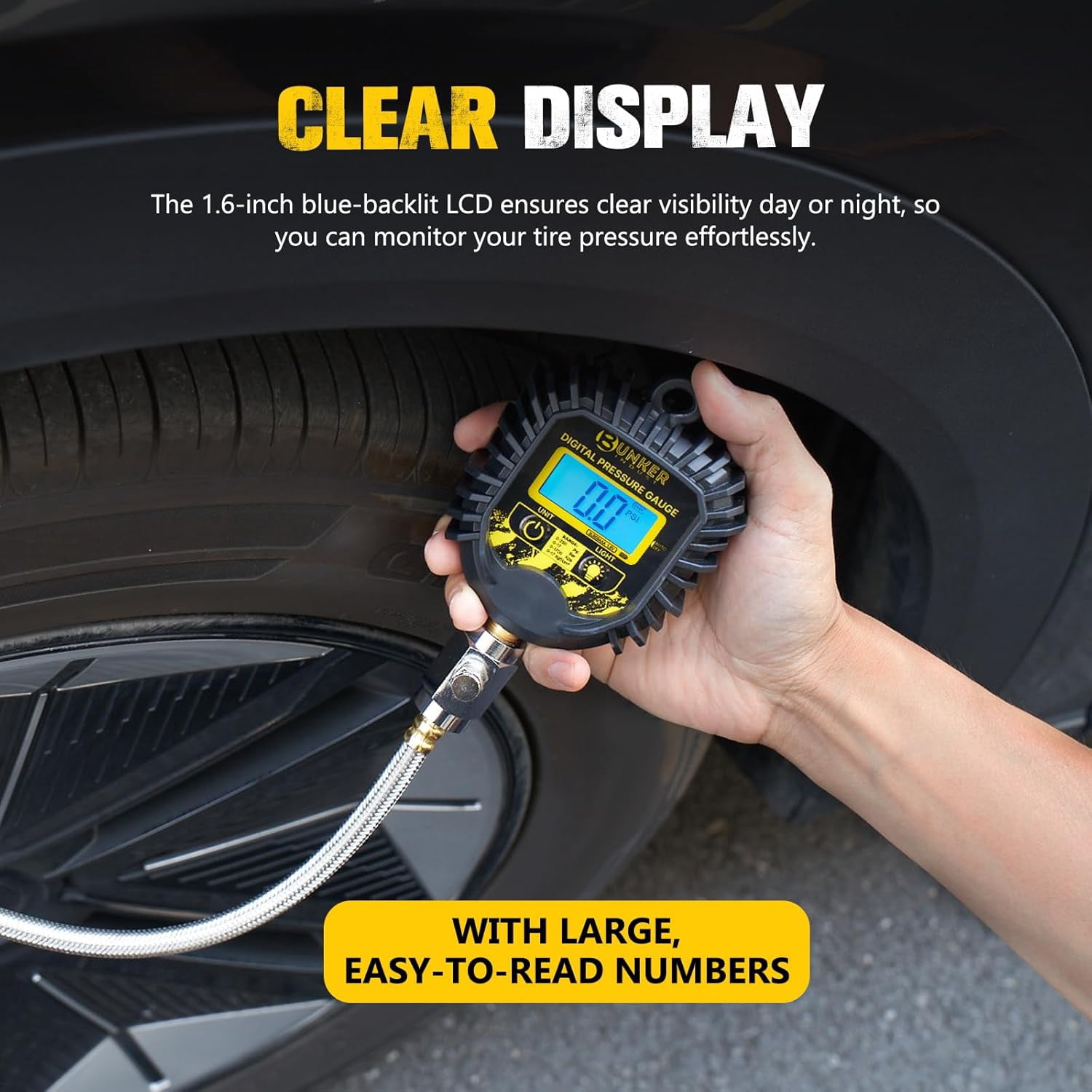 BUNKER INDUST Digital Tire Pressure Gauge, 0-250 PSI Heavy Duty Air Guage for car, Truck, and Off-Road Vehicle- Reliable Accuracy-Backlit LCD Display, Tire Deflator with Built-in Top Light