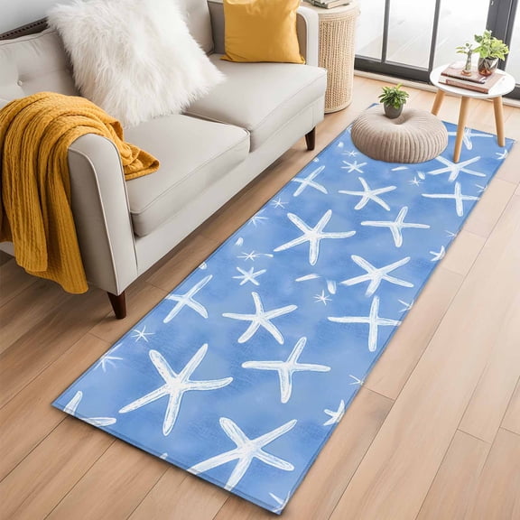 White Blue Starfish Coastal Kitchen Runner Rug 2x6 Washable Runners for Hallway Non Slip Summer Beach Nautical Ocean Large Area Rug Indoor Floor Carpet for Bathroom Laundry Entryway Bedroom