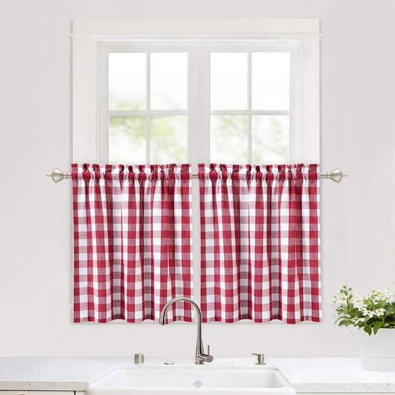 Haperlare Farmhouse Kitchen Curtains Buffalo Check Bathroom Curtain Blackout Thick Yarn Dyed Cafe Curtain, Red/White, 28"W x 24"L 2 Panels
