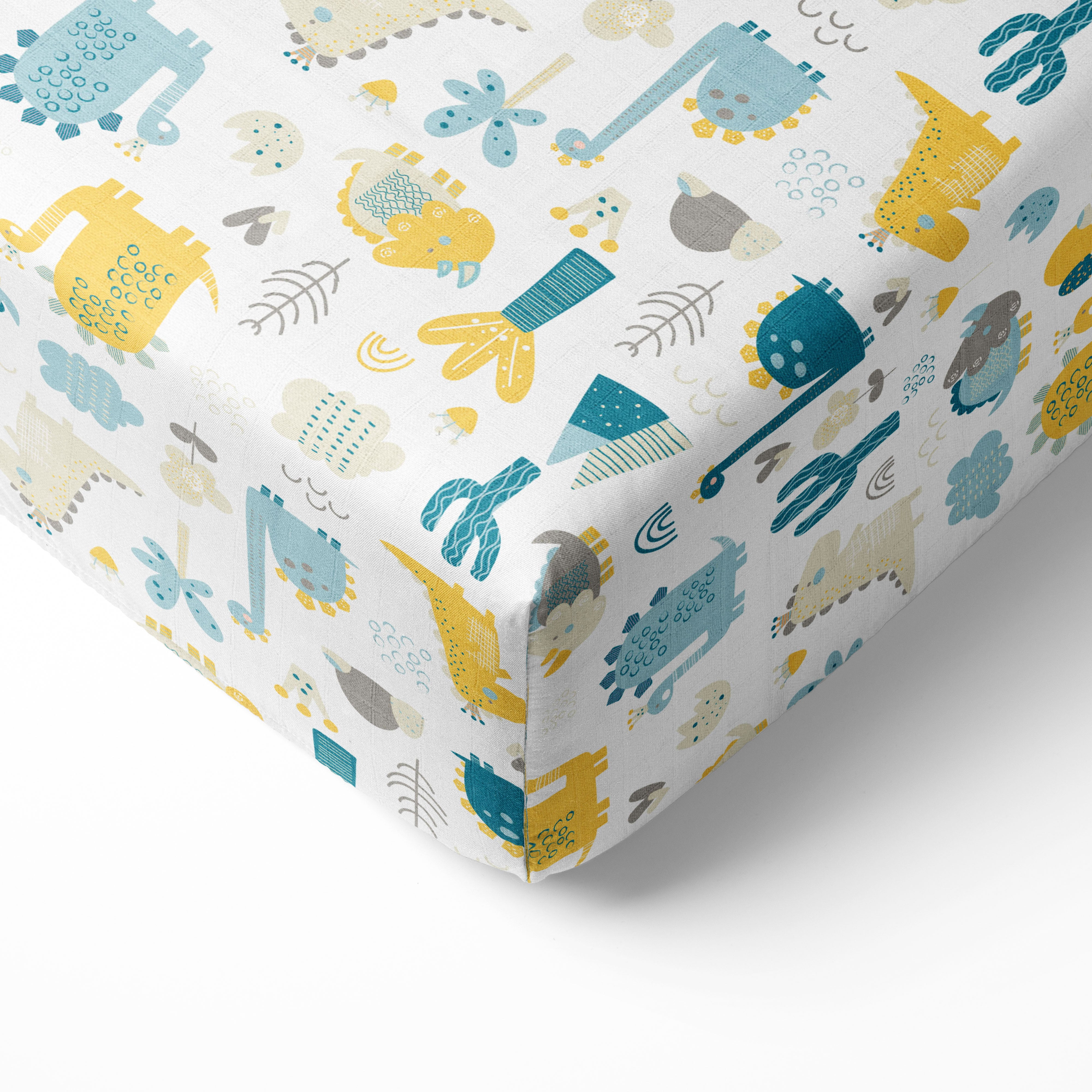 Bacati - Boys 5 pc Toddler Bedding/Sheet Set 100% Cotton Muslin, Little Dino Teal/Yellow/Gray