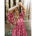thumbnail image 4 of Womens Loose Fit Casual Summer V Neck Lace-Up Half Sleeve Bohemian Geometric Pattern Midi Dresses Red L, 4 of 9